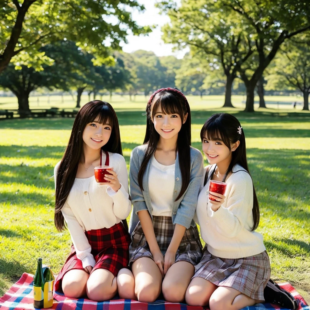Japan Girls、Sitting on a picnic blanket in the park、She's wearing a cute little see-through summer outfit、Actual photo、masterpiece, Accurate, Highest quality, Ultra-high resolution, smile,