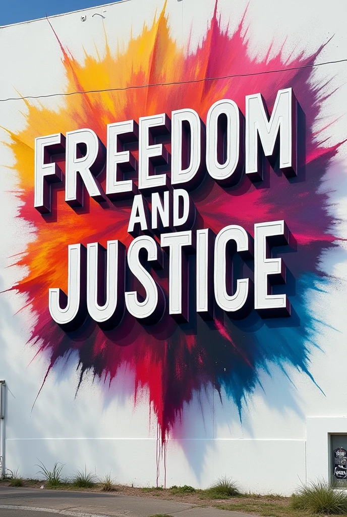 wall painted in bright colors that says freedom and justice with a white background with large letters that look very refined and delicately made 