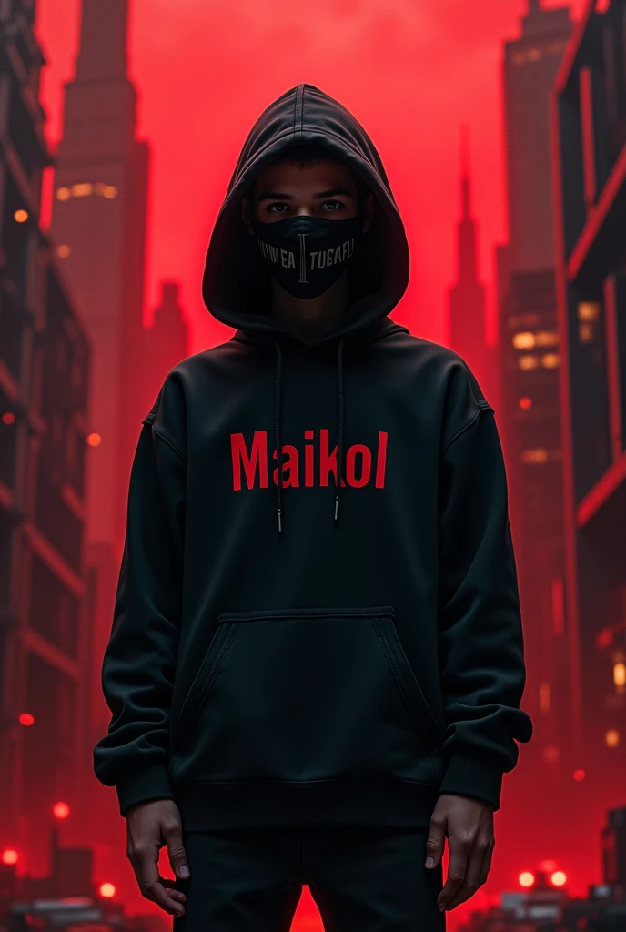 Generate a full-body image of a 20-year-old boy wearing a black hooded sweatshirt and a mask covering his entire face with his name on the chest "Maikol" and its background is very attractive with a city like a red hell