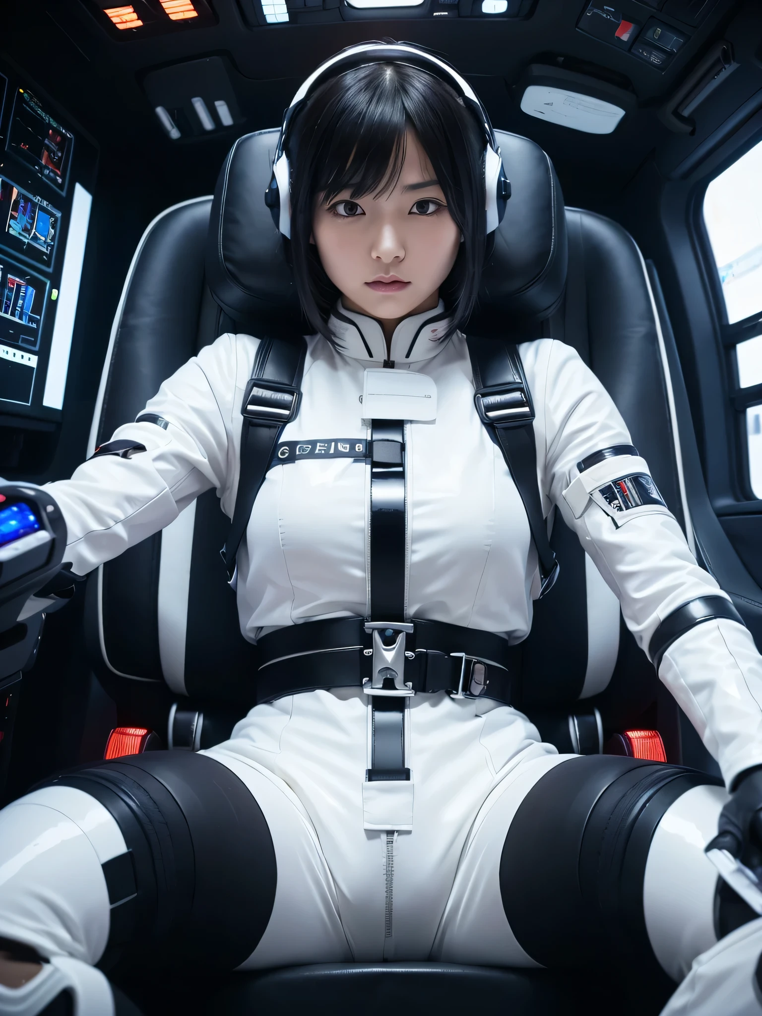 Japanese female android,Black Hair,The spaceship's cockpit,The person is completely secured in the seat with the backrest reclined by a thick harness belt.,Plump,Spread your legs,Squat,Shiny white robot suit,Robotic arms and legs,Surrounded by switches and monitors,