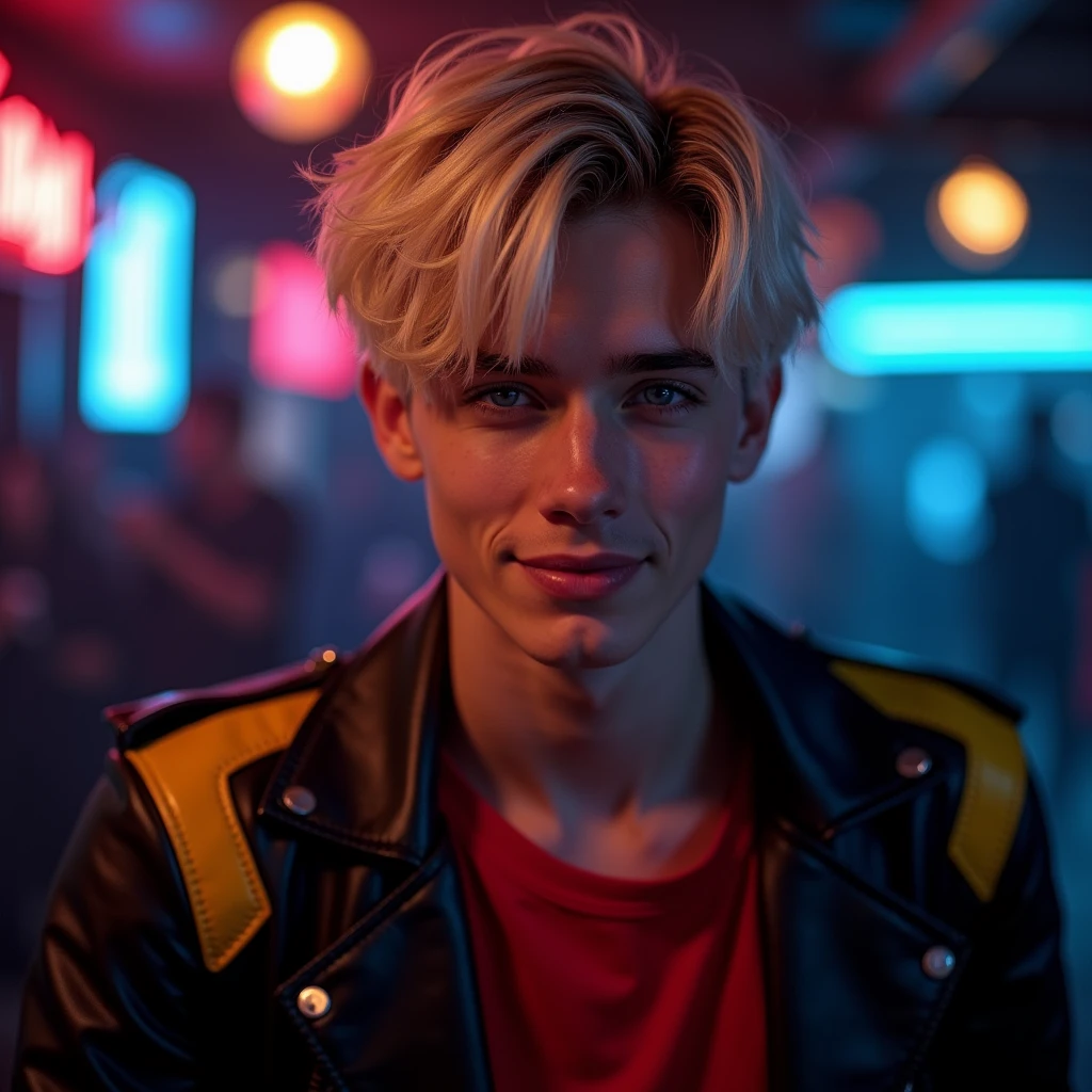 photograph head shot, attractive 22 year-old male model, short platinum blond layered textured side swept bangs hair, vibrant blue eyes, teen face, skinny svelte body, dominant smirking expression, almond shaped eyes, very pale skin tone, black leather jacket with yellow accents on shoulders, red shirt, inside private underground club, low lighting, neon lighting, cinematic