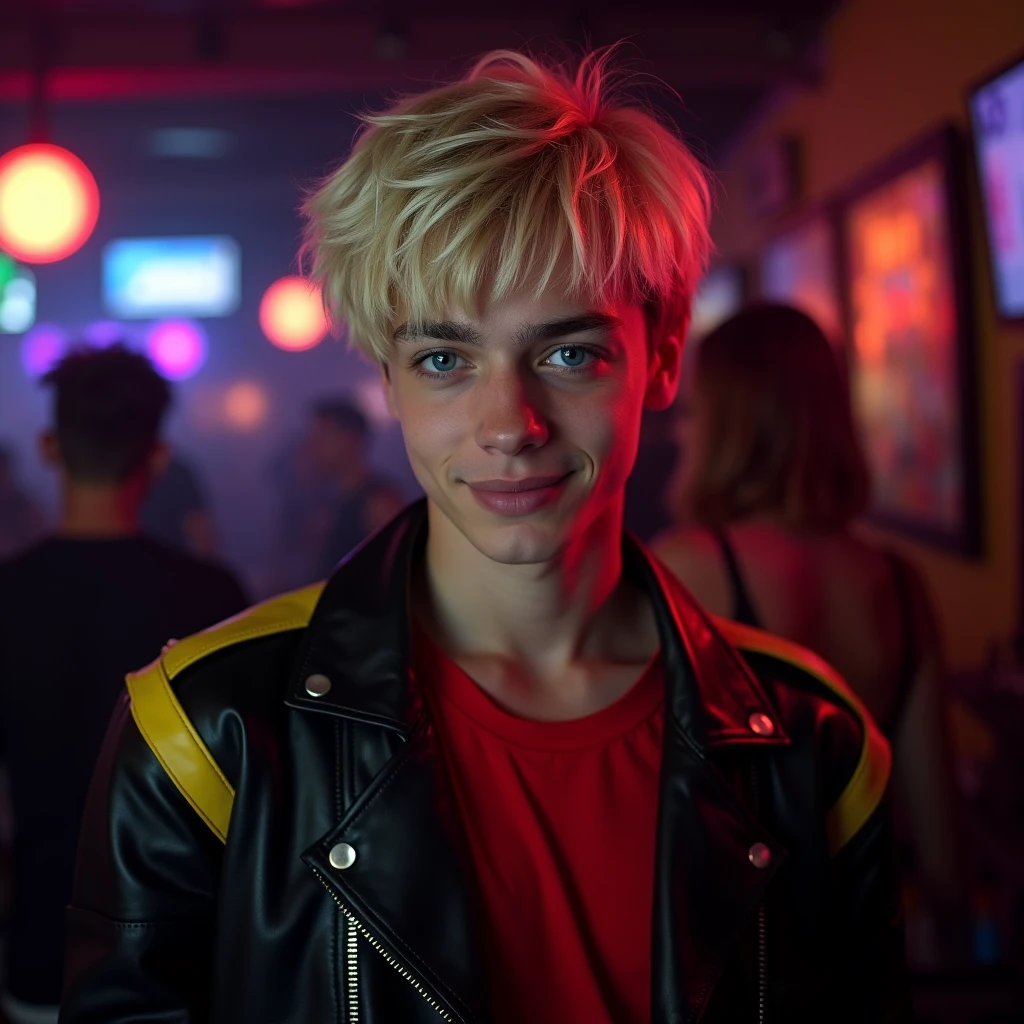 photograph head shot, attractive 22 year-old male model, short platinum blond layered textured side swept bangs hair, vibrant blue eyes, teen face, skinny svelte body, dominant smirking expression, almond shaped eyes, very pale skin tone, black leather jacket with yellow accents on shoulders, red shirt, inside private underground club, low lighting, neon lighting, cinematic