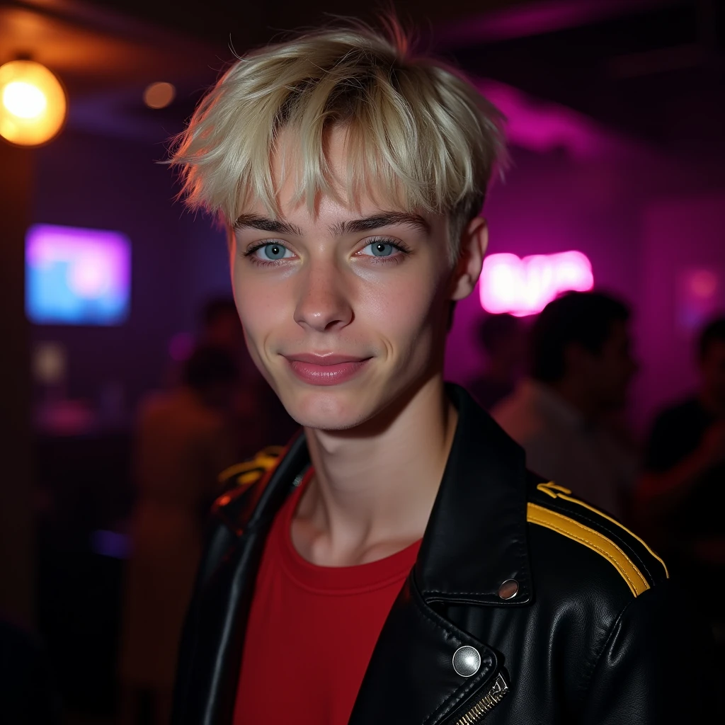 photograph head shot, attractive 22 year-old male model, short platinum blond layered textured side swept bangs hair, vibrant blue eyes, teen face, skinny svelte body, dominant smirking expression, almond shaped eyes, very pale skin tone, black leather jacket with yellow accents on shoulders, red shirt, inside private underground club, low lighting, neon lighting, cinematic