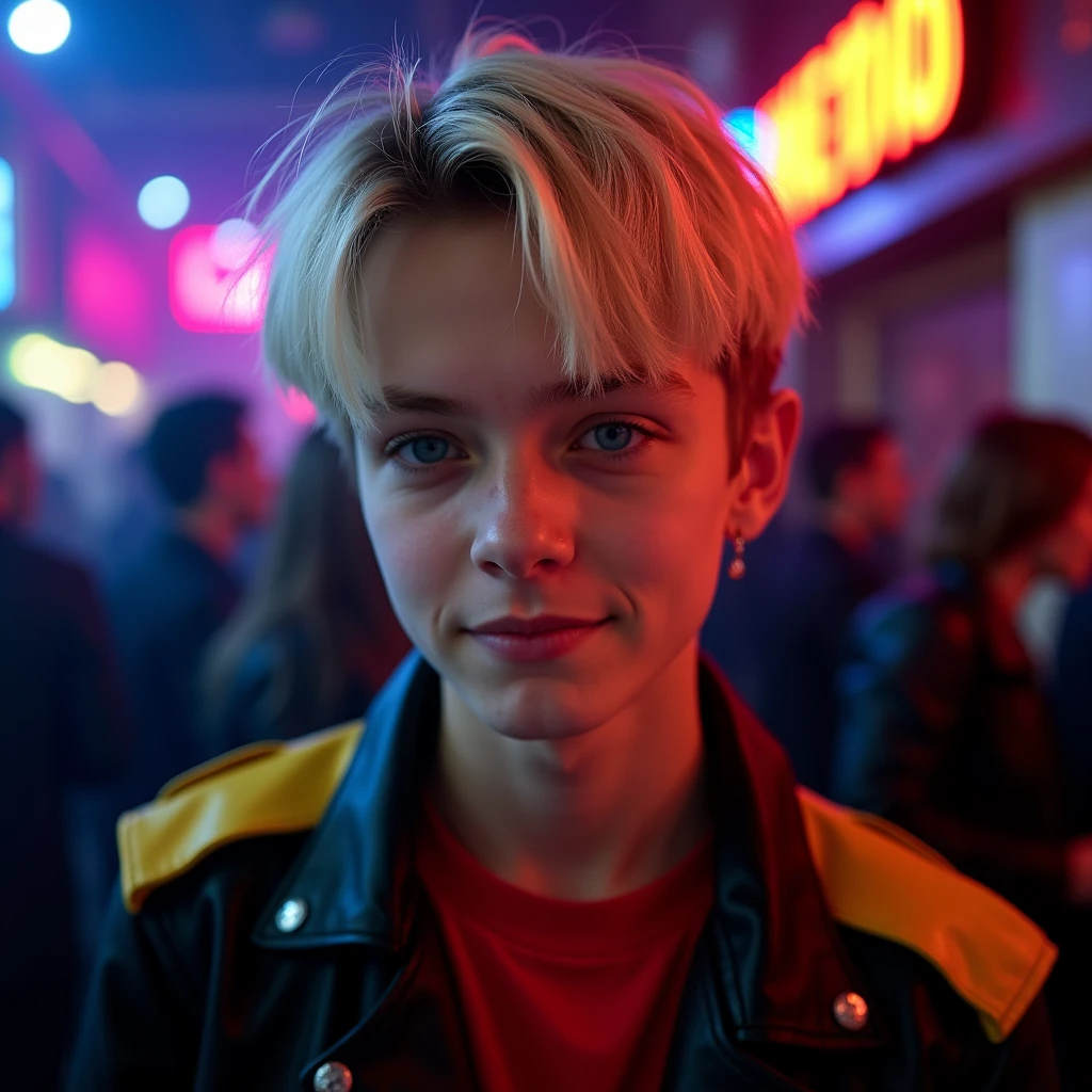 photograph head shot, attractive 22 year-old male model, short platinum blond layered textured side swept bangs hair, vibrant blue eyes, teen face, skinny svelte body, dominant smirking expression, almond shaped eyes, very pale skin tone, black leather jacket with yellow accents on shoulders, red shirt, inside private underground club, low lighting, neon lighting, cinematic