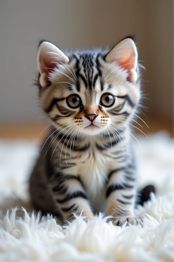 Ultra-realistic 4K image of a Scottish Fold kitten, featuring its distinctive folded ears and round face. The kitten’s fur is a soft grey tabby pattern with a mix of darker and lighter stripes. Its big, round amber eyes are full of wonder as it sits on a fluffy white rug, with each whisker, ear fold, and fur detail captured in sharp focus.”