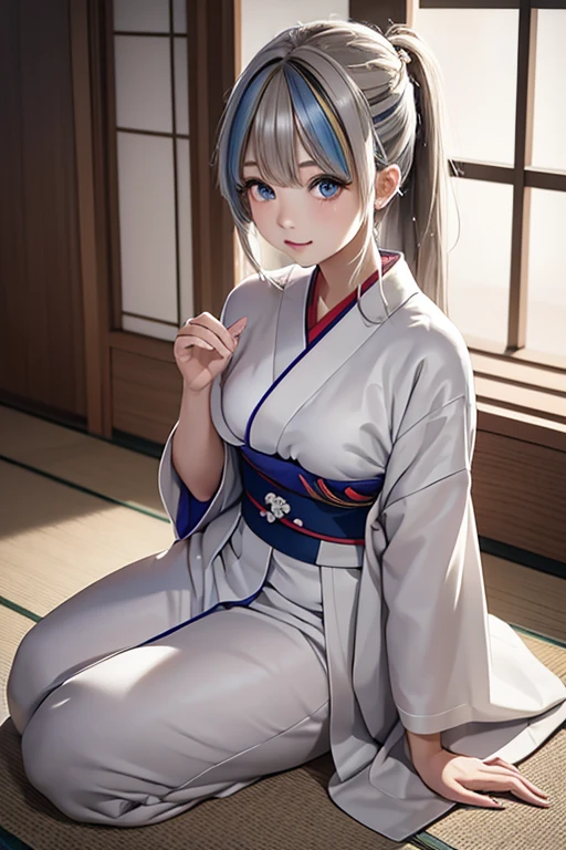 master piece,highres,4k.8k,Lifelike:1.2,Close-to-reality1.0,
full body,
Greige hair, ((highlights hair, Blue streaked hair:1.0)),
braided bangs,high ponytail,
glamorous,
mischievous,eighteen years old,
full body,full body,full body,
arm up,
break,
Traditional Kimono,白に淡いピンク,帯は白,
Peaceful Zen Gardens,