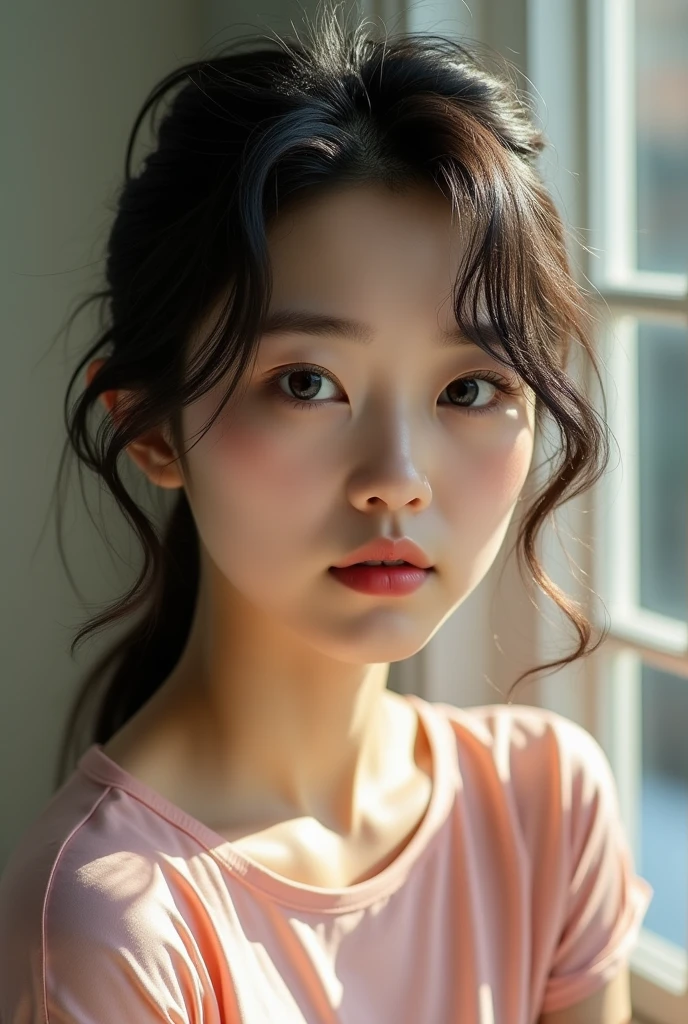 Japanese woman, 20-year-old girl, serious expression, beautiful features, K-pop idol face, natural hairstyle, detailed face, super high resolution, double eyelids, large black eyes, elegant, clear skin, wearing a shiny T-shirt, down hair, random hairstyle, random pose, natural light