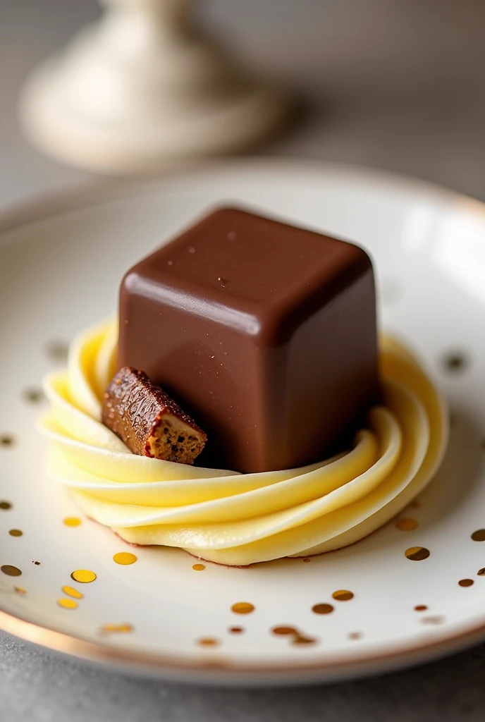 A piece of truffle on a white plate with gold details , lemon mousse frosting, eating mars bar candy, smooth and clean texture, wrapped in milk chocolate, soft texture, smooth and shiny edges, totally chocolate, chocolate. rough, smooth sharp edges firm in square shape, oh yeah, chocolate, slightly smooth, Smooth feature, about to consume you, close-up product photo, image for sales post on Instagram 