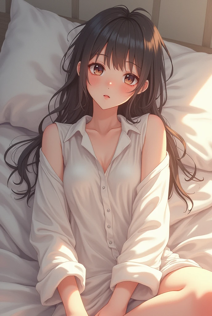 Soft boy with white long Shirt sitting In bed, ,anime,blush,sexy