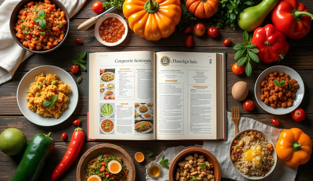 list of cooking recipes on a wooden table with all kinds of food and dishes around, view from above
