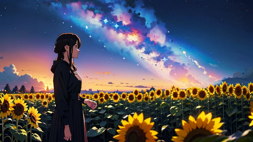 (masterpiece:1.4), (Highest quality:1.4), Very detailed, Complex, Super detailed, night、Starry Sky、Sunflower field、One Girl、4K、8k