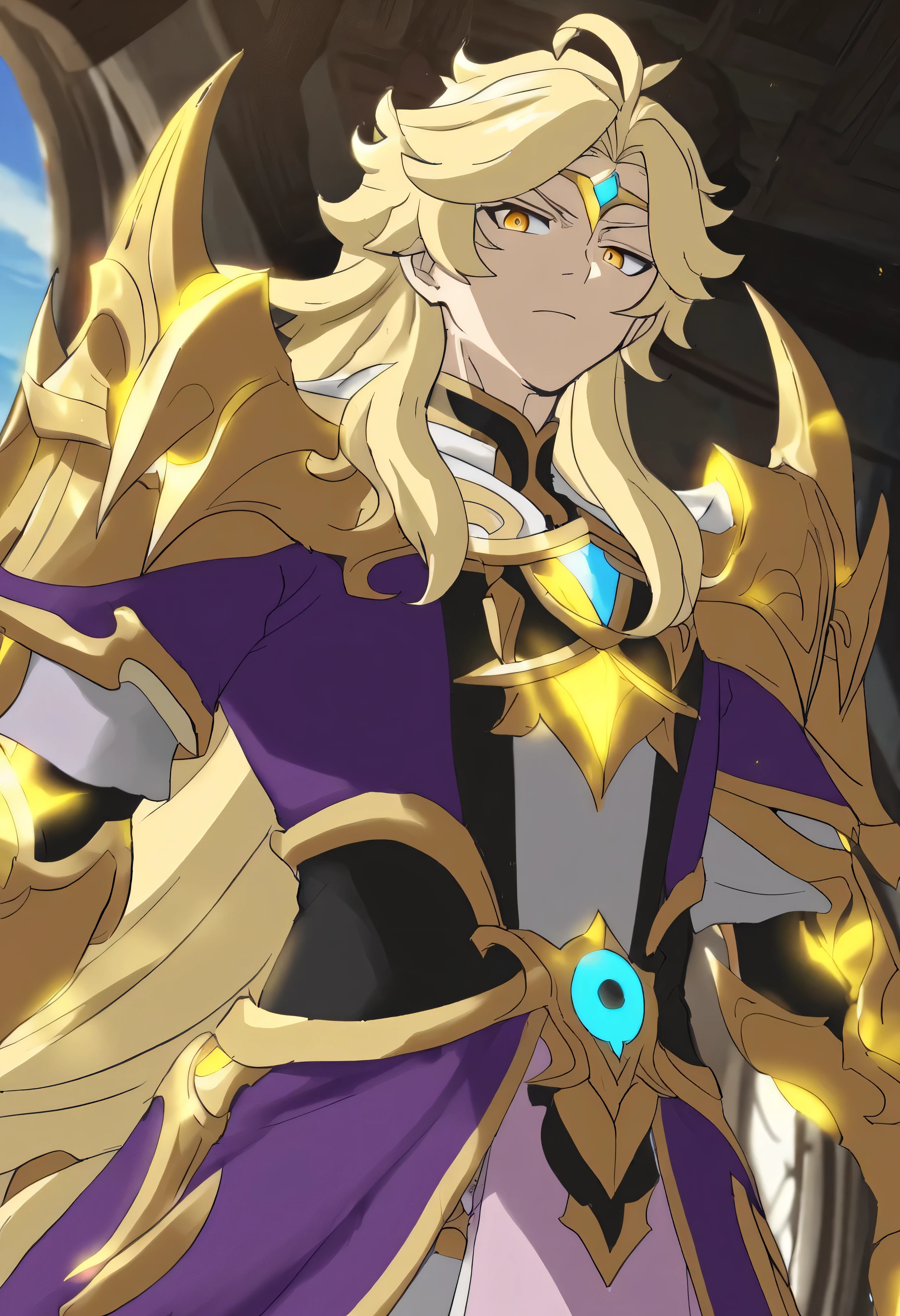 {{portrait, dutch angle}} {{Artist: Sincos}} 1male, solo, blonde hair, long hair, very long hair, golden eyes, fair skin, muscular, sharp eyes, white armour with golden accents, purple cloak, golden circlet, claws, golden claws, indoors, sky, golden magic, looking at the viewer, standing, imposing, bored, regal, Prince, warrior, Aether from Genshin Impact, Genshin, Anime