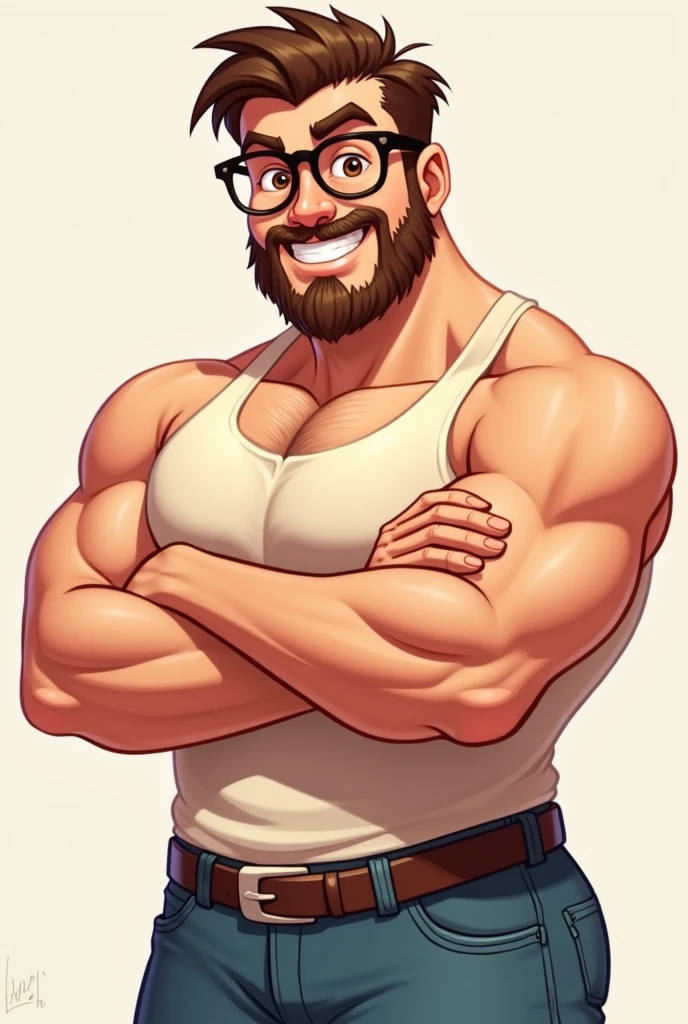 2D CARTOON OF A MAN WITH MEDIUM MUSCLE MASS AND SHORT BROWN HAIR ON THE SIDES, White skin, SHORT BEARD WITH GLASSES BROWN EYES