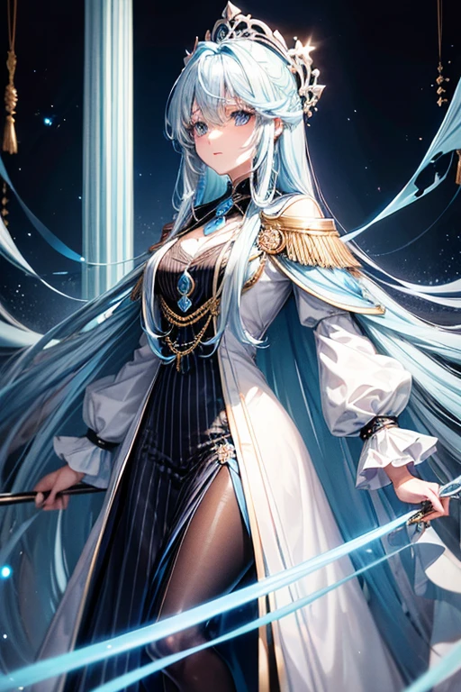 Rimuru Tempest(((Light blue straight hair.beautiful girl))),Black aristocratic long coat(Lavish decoration)With bore,Aristocrat&#39;s trousers))),Aristocrat&#39;s Clothing Aristocrat&#39;s Boots,Short(Cute girl.A big smile),Holding a long sword in one hand