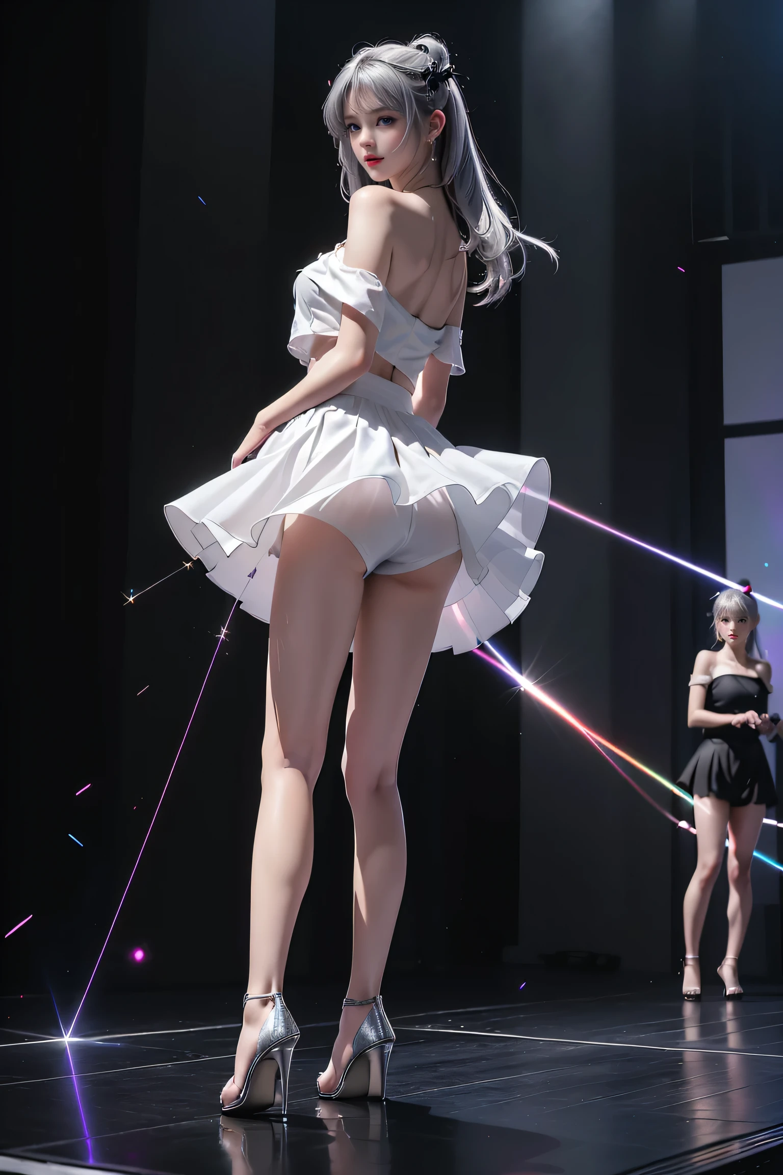 ((A trio of girls standing on the stage in the main hall))、(Rear view)、(look back),蛍光Farbe、((3People Girls)),Look to the side、Beautiful Face、Beautiful Eyes、(Big Blue Eyes)、(Silver dull hair)、Shiny Hair、Glowing Skin、Reduce glare、Finger Proportion Adjustment、Escrow、Bat View、(Dancing()、Dynamic Angle、(Master Parts)、(Highest quality)、(Ultra detail)、(An Illustration)、(Detailed light)、(Very delicate and beautiful)、Dramatic Shadows、Ray Tracing、reflection、Ultra high resolution、(Master Parts)、(Highest quality)、(ultra HD)。 High resolution、((Colorful hair and mesh))、Her hair flutters in the wind、(大きな深い青Farbeの目)、Silver Hair、haired woman、Sparkling Butterfly、Sparkling Butterfly、黒haired woman、Points of light around the woman、Magical Aura、緑Farbeの点、The nature of the aura、Magical Aura黒haired woman、((Off-the-shoulder black and white two-tone dress mini skirt:1. 3)、(Sleeveless)、(The skirt flutters in the wind)、(Searchlight)((Farbe々Laser beam))、(I can see her white panties)(Full Body Shot)、(Long legs)、(High heels)、holding a microphone in one hand、Kirachou、黒haired woman、Spots of light around the woman、Magical aura、Green Farb Dot、The nature of the aura、Magical Aura黒haired woman、((One shoulder tank top:1. 3)、(No sleeve)、((White flared mini skirt))(The skirt flutters in the wind)、((Black boxer shorts))、(Searchlight)(Laser beam)、((I can see her black panties))(Full Body Shot)、(Long legs)、(High heels)、