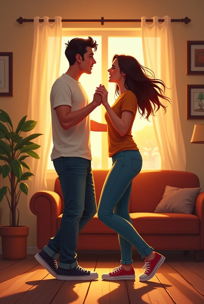 Couple dancing to lively music at home in casual clothes.