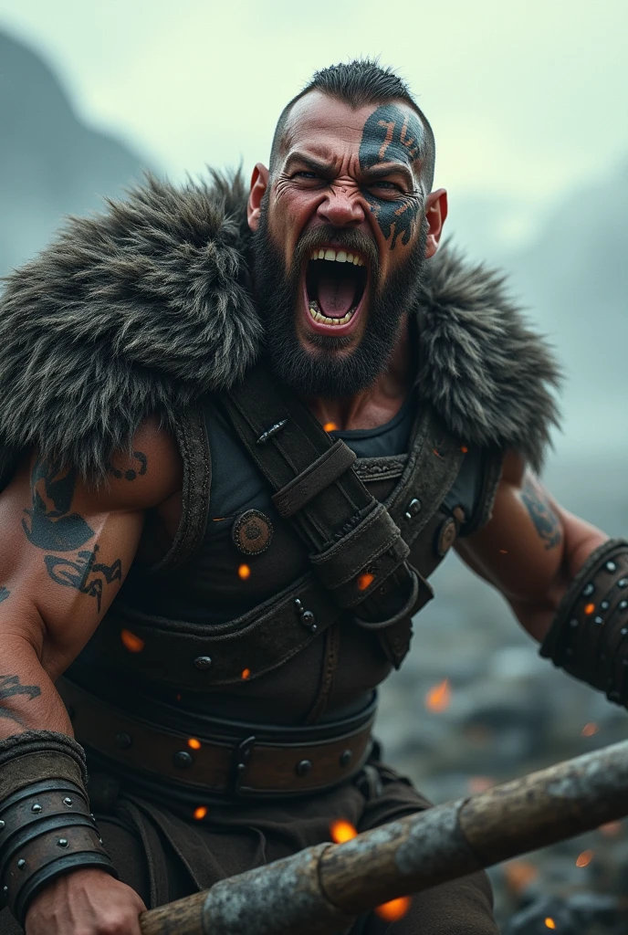 Realistic Viking warrior screaming with teeth bared with a Norse tattoo around his eye and with his eyes open 