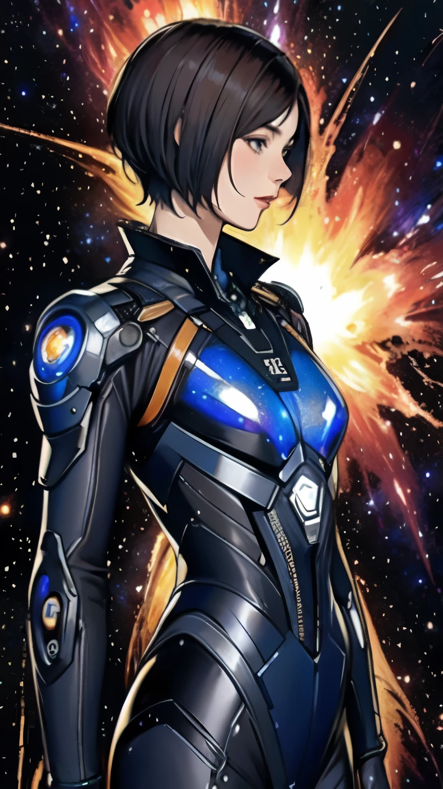 278 (20-year-old woman,Short Hair) , flower, Futuristic clothing, machinery suit, (The background is a galaxy and nebula)