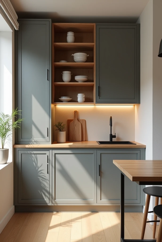 Kitchen for 2.30 CM highx 2.70 wide with cupboard on the left in grey and wood colours