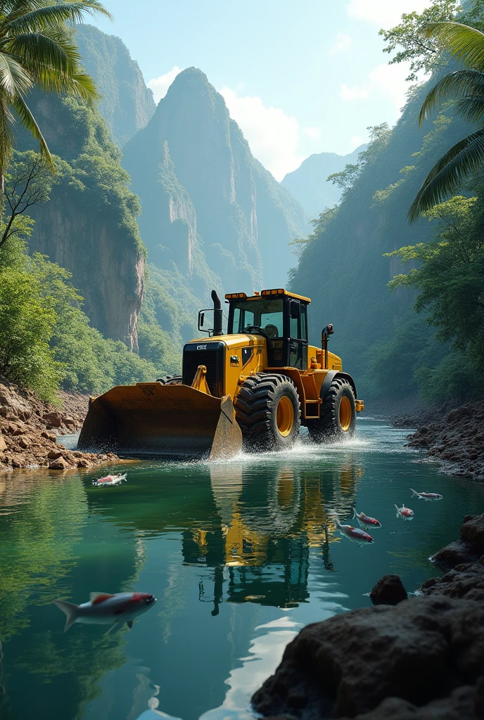 Caterpillar 416 F2 tractor making a pool of water with jumping fish in the lagoon . These works are being done in mountainous areas of the Amazon