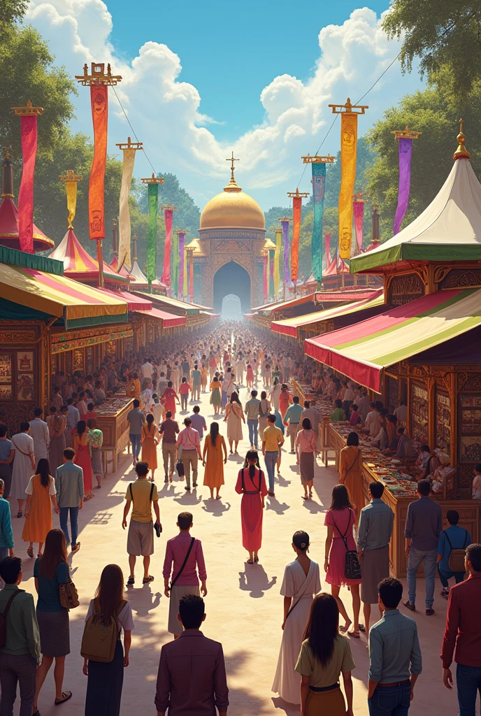 Imagine a vibrant multicultural fair with booths representing various cultures, interfaith panels with speakers from different religions, and inclusive workshops where people engage in traditional crafts or cooking.