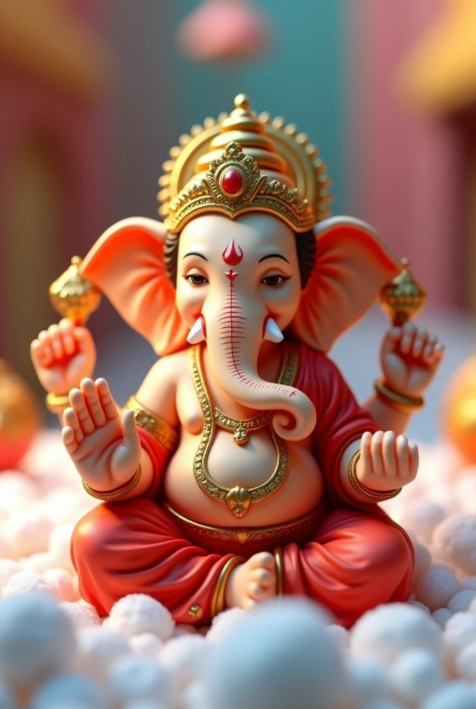 The 3d dynamic image is a close-up of a small 3d realistic of Lord Ganesha, the Hindu god of wisdom and success. The 3d realistic is sitting on a bed of white cotton balls, which are scattered around the base of the 3d realistic. The elephant is wearing a red robe and a gold crown on its head. It has a small nose and mouth, and its eyes are closed, giving it a peaceful and serene expression. The background is blurred, but it appears to be a colorful and festive scene, likely celebrating the Hindu festival of Ganesh Chaturthi.
