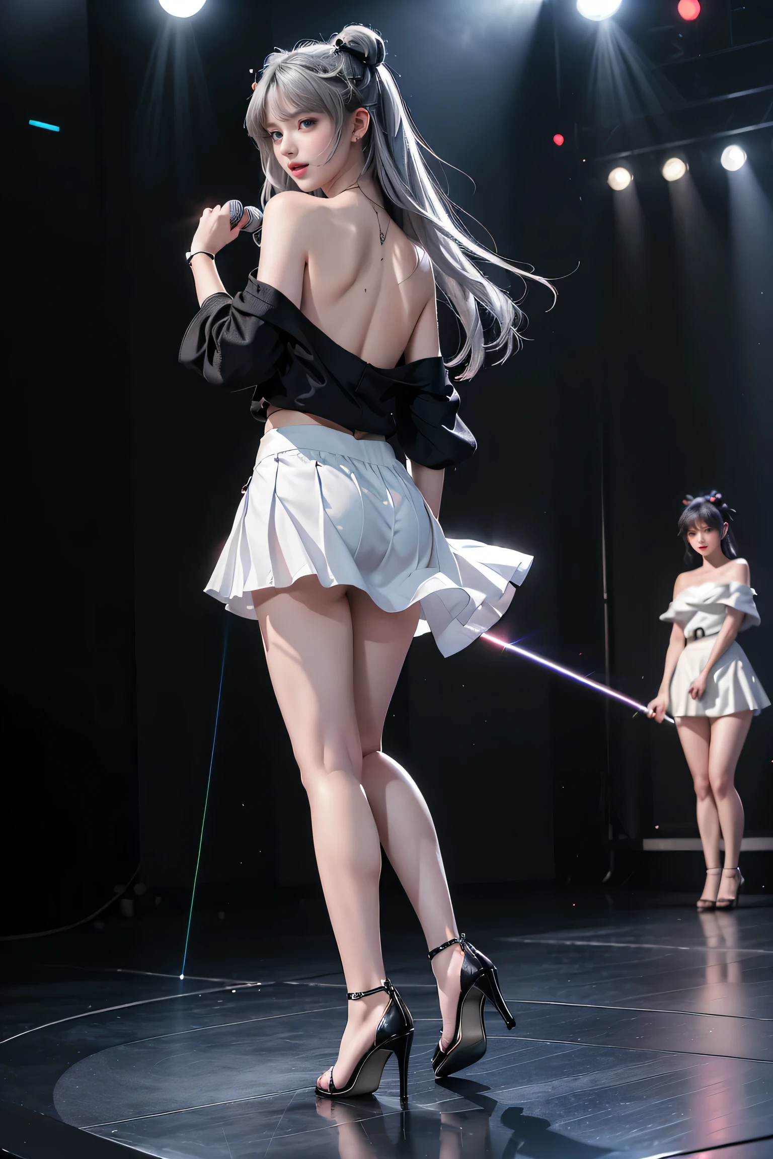 ((A trio of girls standing on the stage in the main hall))、(Rear view)、(look back),蛍光Farbe、((3People Girls)),Look to the side、Beautiful Face、Beautiful Eyes、(Big Blue Eyes)、(Silver dull hair)、Shiny Hair、Glowing Skin、Reduce glare、Finger Proportion Adjustment、Escrow、Bat View、(Dancing()、Dynamic Angle、(Master Parts)、(Highest quality)、(Ultra detail)、(An Illustration)、(Detailed light)、(Very delicate and beautiful)、Dramatic Shadows、Ray Tracing、reflection、Ultra high resolution、(Master Parts)、(Highest quality)、(ultra HD)。 High resolution、((Colorful hair and mesh))、Her hair flutters in the wind、(大きな深い青Farbeの目)、Silver Hair、haired woman、Sparkling Butterfly、Sparkling Butterfly、黒haired woman、Points of light around the woman、Magical Aura、緑Farbeの点、The nature of the aura、Magical Aura黒haired woman、((Off-the-shoulder black and white two-tone dress mini skirt:1. 3)、(Sleeveless)、(The skirt flutters in the wind)、(Searchlight)((Farbe々Laser beam))、(I can see her black panties)(Full Body Shot)、(Long legs)、(High heels)、holding a microphone in one hand、Kirachou、黒haired woman、Spots of light around the woman、Magical aura、Green Farb Dot、The nature of the aura、Magical Aura黒haired woman、((One shoulder black tank top:1. 3))、(No sleeve)、((White flared mini skirt))(The skirt flutters in the wind)、((Black boxer shorts))、(Searchlight)(Laser beam)、((I can see her black panties))(Full Body Shot)、(Long legs)、(High heels)、