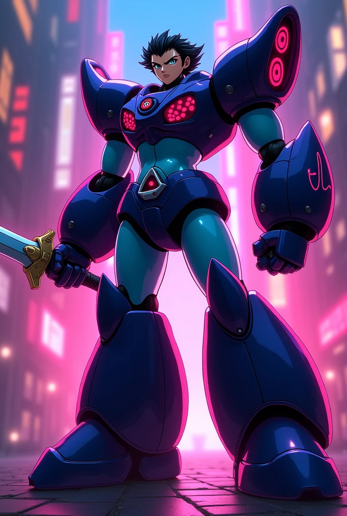 (megaman x), Humanoid robot similar to Zero from Megaman X, Standing taking his sword, With the same armor as Zero from Megaman x6, black hair , Mexican tea, black hair, frown, It has to be fat both in the body and in the face, The armor has to be the same as Zero, but purple with black is based on the anime art of megaman x6 the armor has to be more anime, In addition, the character's hair has to be short., The predominant color of the armor must be black. all in neon colors