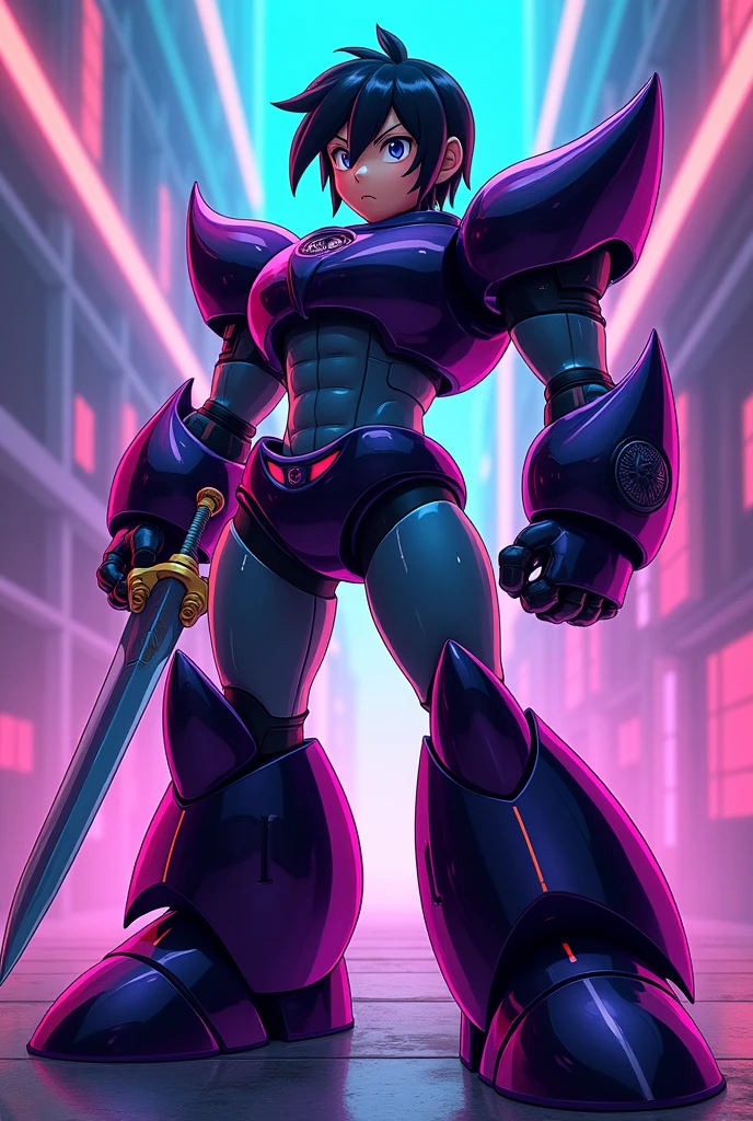 (megaman x), Humanoid robot similar to Zero from Megaman X, Standing taking his sword, With the same armor as Zero from Megaman x6, black hair , Mexican tea, black hair, frown, It has to be fat both in the body and in the face, The armor has to be the same as Zero, but purple with black is based on the anime art of megaman x6 the armor has to be more anime, In addition, the character&#39;s hair has to be short., The predominant color of the armor must be black. all in neon colors