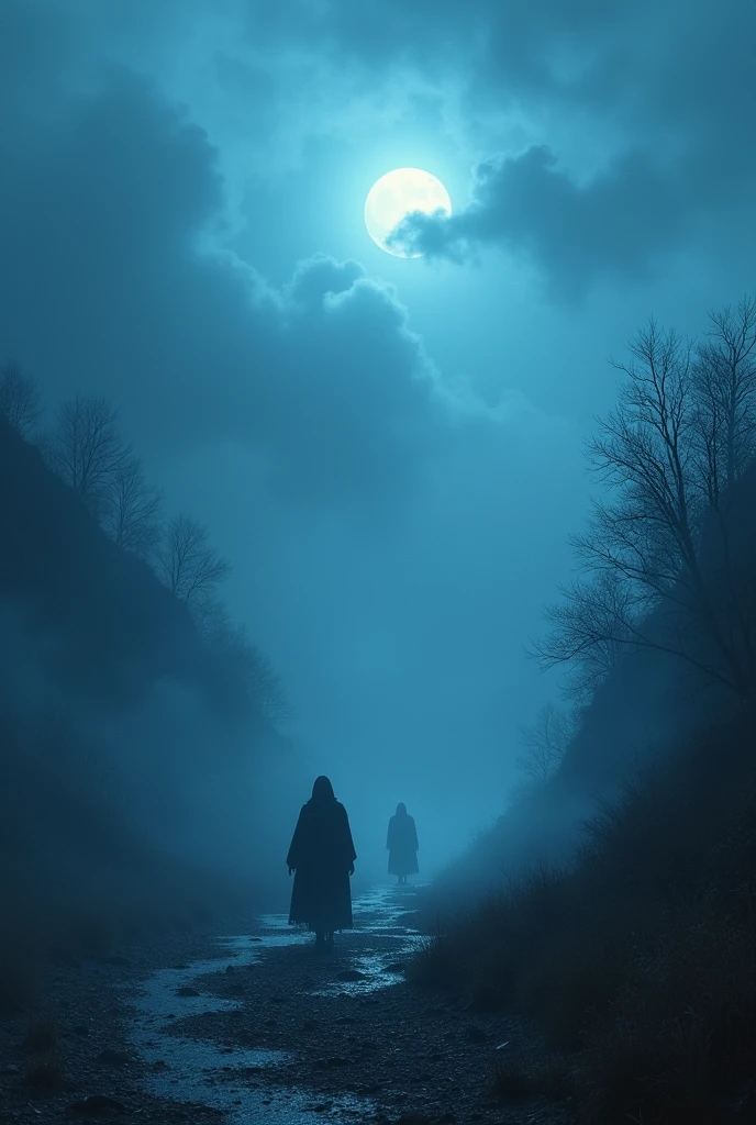 a landscape view of dead island full of whisps, ghosts, undeads and lost souls, dark blue fog, dark atmosphere