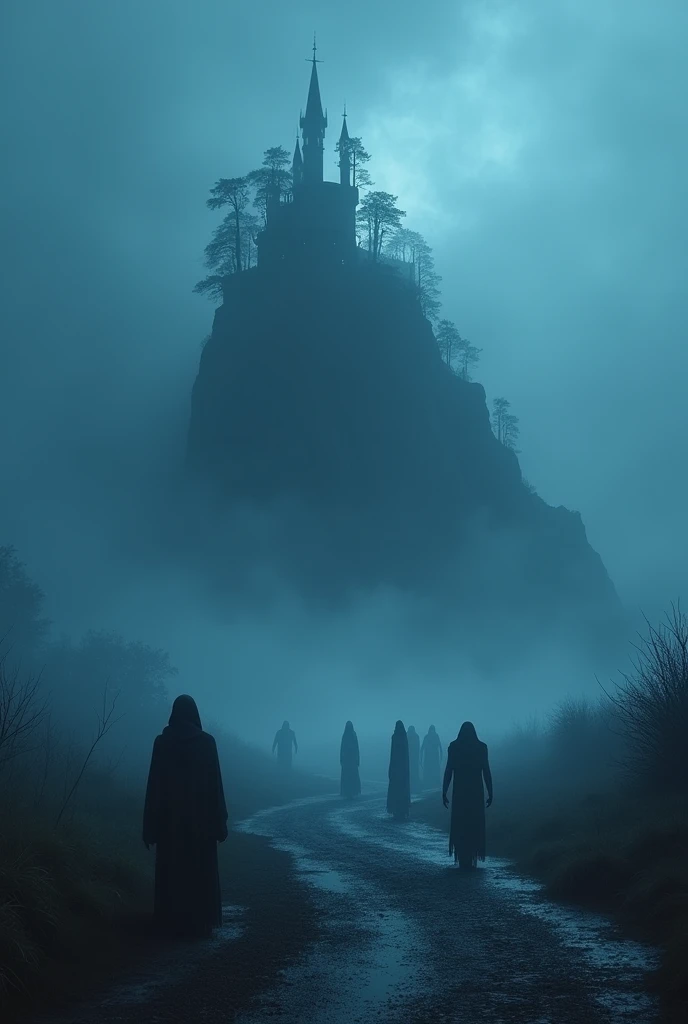 a landscape view of dead island full of whisps, ghosts, undeads and lost souls, dark blue fog, dark atmosphere