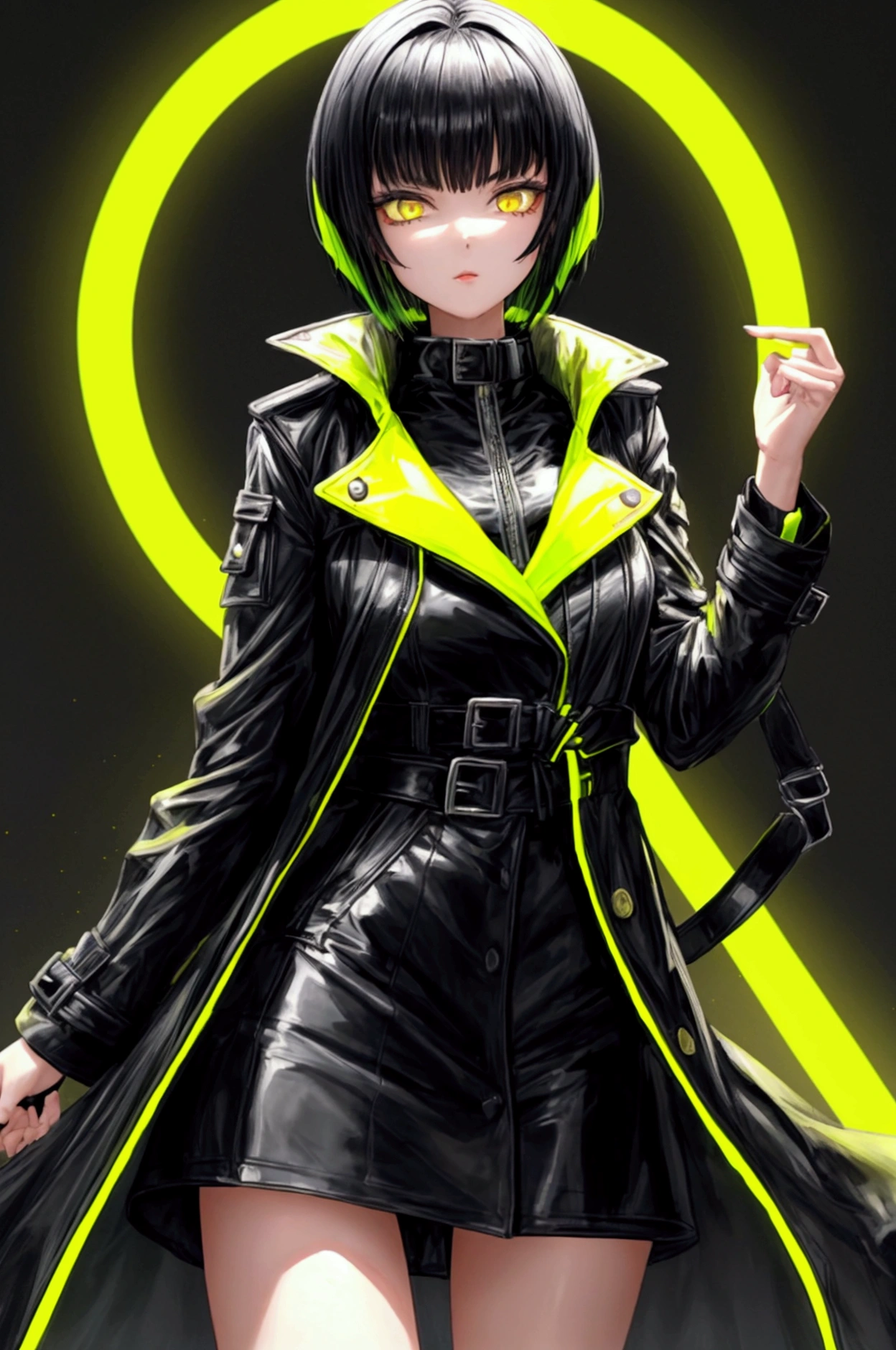 Girl with short black hair, neon yellow eyes, wearing a black trench coat