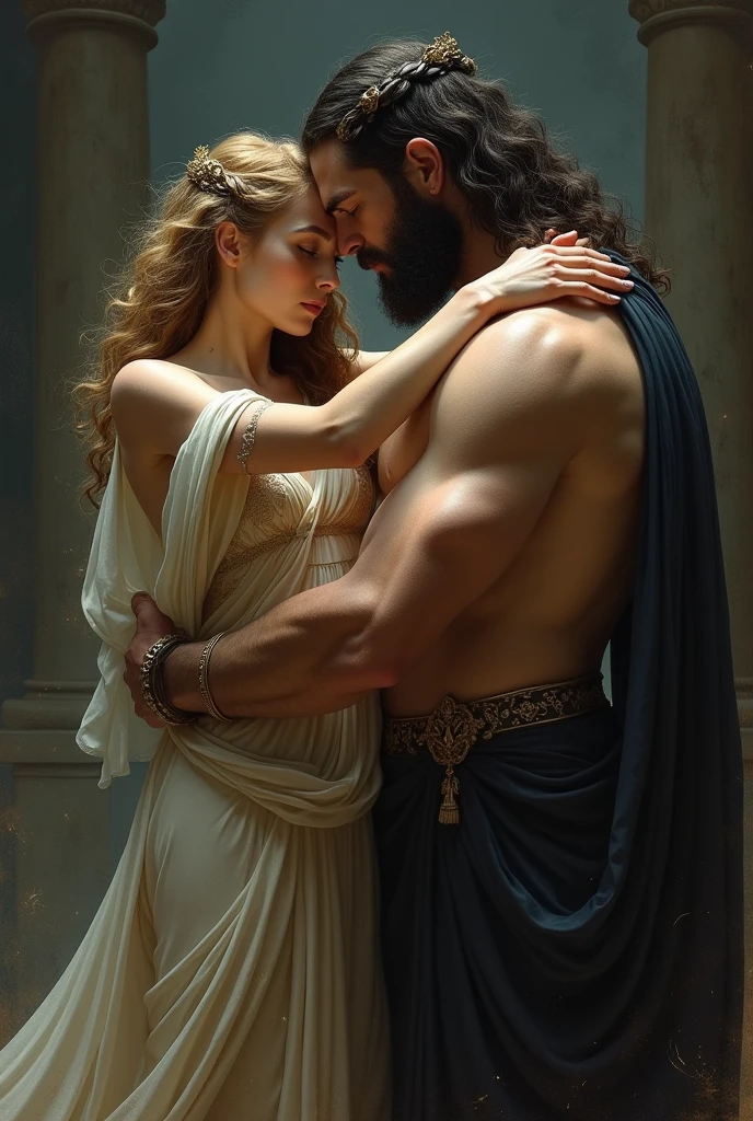 Persephone, the goddess of the seasons, with an extraordinary beauty, Hugging the god Hades, king of the underworld, gloomy looking, of fair character and muscular physique, according to Greek mythology