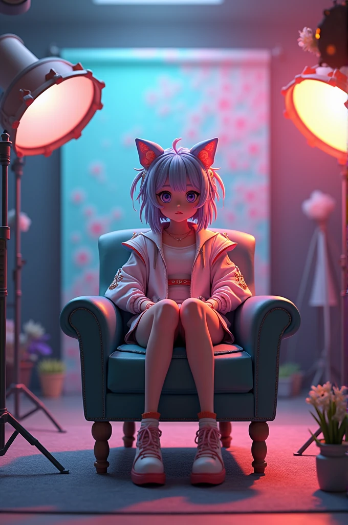 A Anime character sit on chair in studios set up 