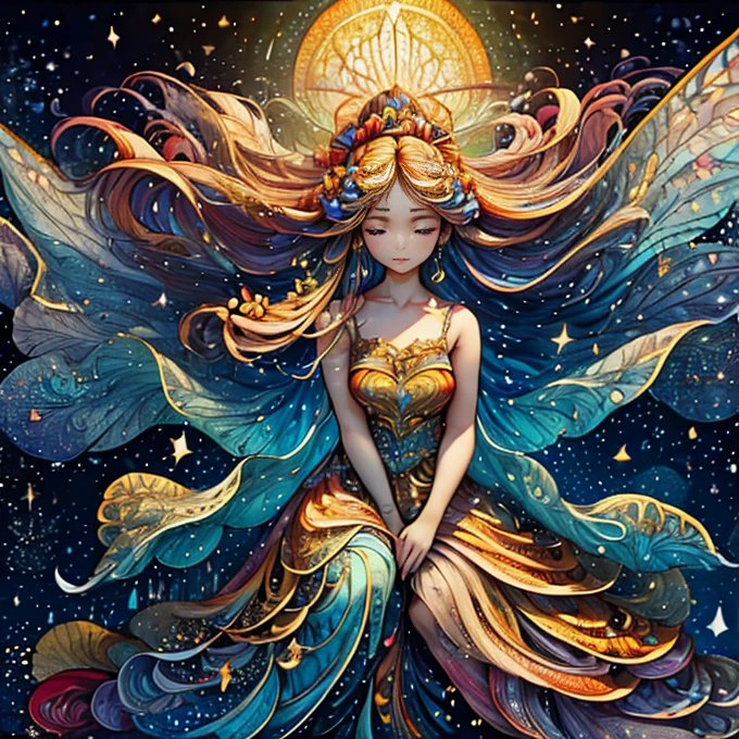 blonde woman wearing a dress sitting at a grand piano in the center of a serene cosmic space, playing the piano with graceful movements against a backdrop of the moon, (best quality,4k,8k,highres,masterpiece:1.2),ultra-detailed,(realistic,photorealistic,photo-realistic:1.37),complex details,cinematic lighting,dramatic composition,vivid colors,celestial elements,mystical atmosphere,high angle,miniature