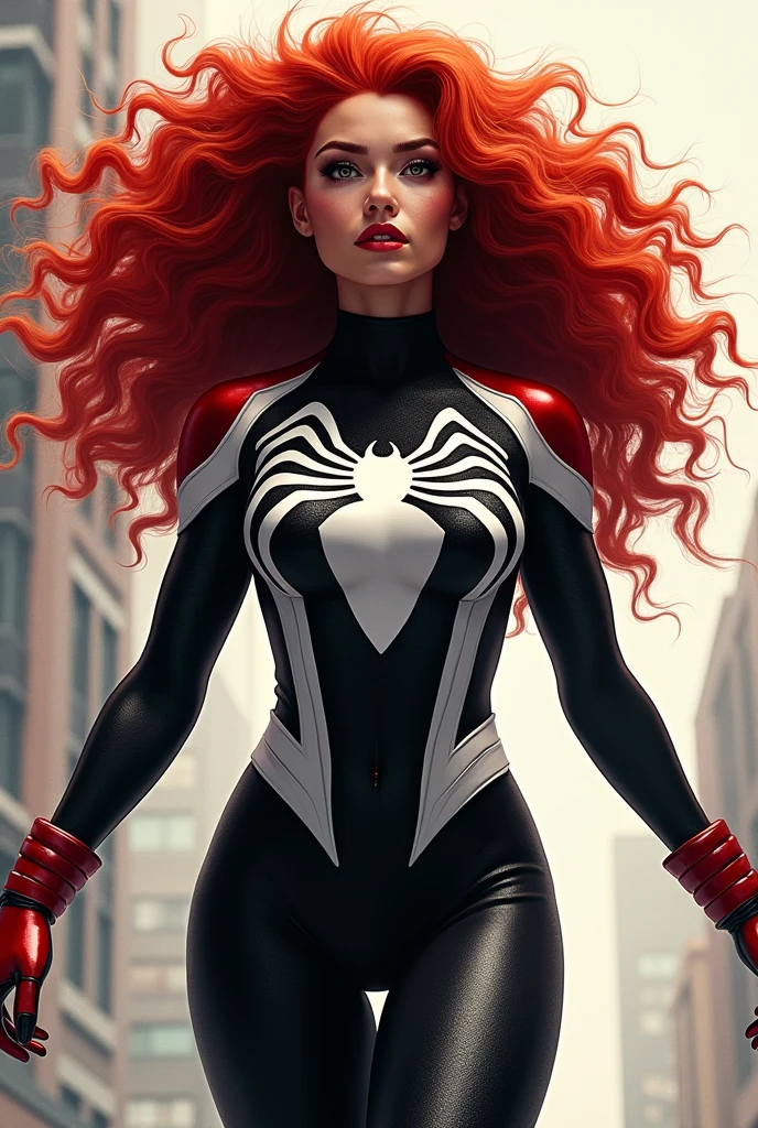 Create an image of Spider Woman with her characteristic black and white suit but this time with curly, very curly hair and a redhead so that her curls are noticeable.