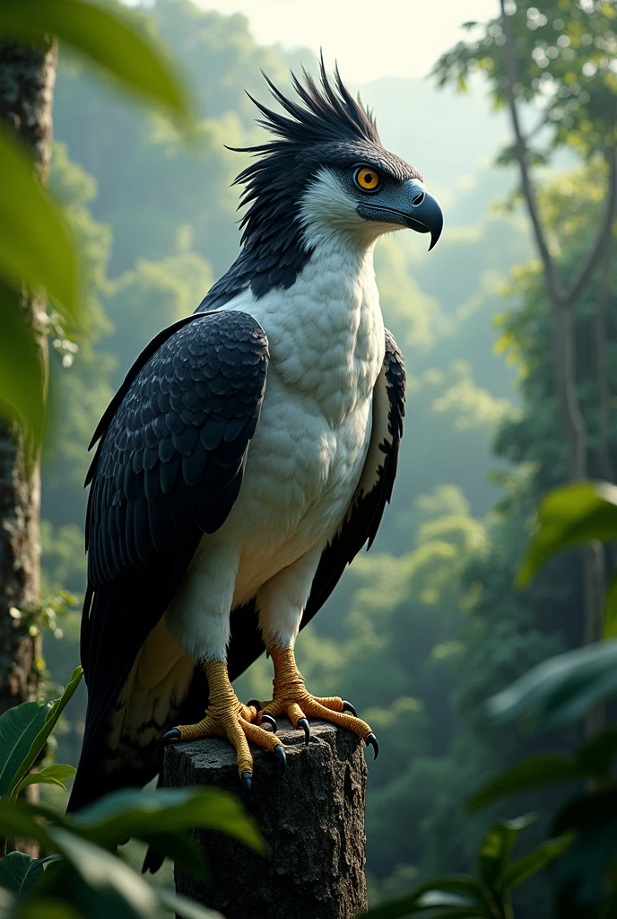 "A majestic Harpy Eagle perched high on a sturdy branch in the heart of a dense Brazilian rainforest. The eagle's imposing figure is highlighted by its powerful, muscular body, covered in sleek, grayish-white feathers. Its striking black crest feathers stand tall, giving it an almost regal appearance. The Harpy Eagle's sharp, curved beak and intense yellow eyes convey a sense of dominance and acute awareness as it surveys its territory. Below, the rainforest teems with life, with vibrant green f