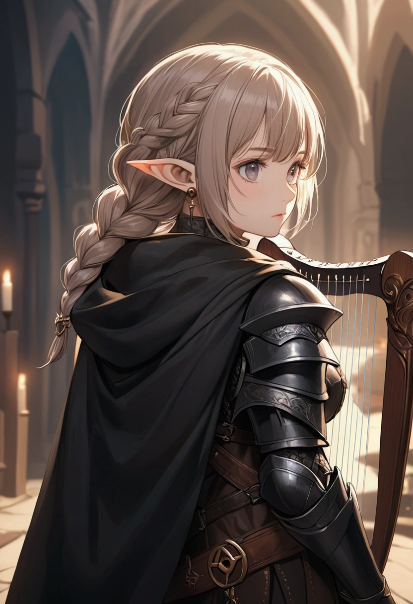 A female halfling whose braided hair is white and black. She is wearing dark leather armor with a black cloak. Her eyes are brown. She is middle aged. Her ears are small and rounded. There is a broach on her cloak with a harp symbol in the middle. A bow is on her back.
