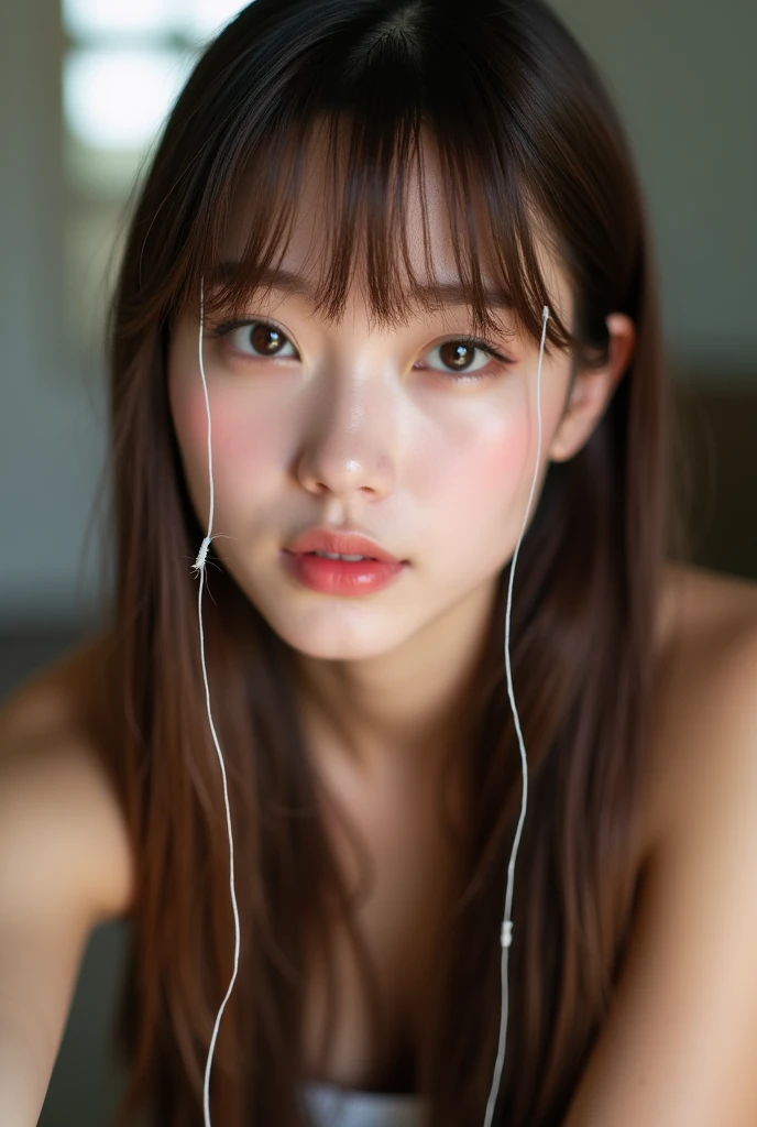 Uma selfie realisitic com uma qualidade real usando franja sobre a testa, a selfie of a beautiful woman with an Oval or Round Face, realisitic, but at the same time with mistakes that a woman would have very real, leaning on your shoulders facing selfie, with her legs in the background out of focus but it is possible to see her beautiful legs with beautiful buttocks that stand out but in the background you will come up even out of focus right at the end of her body, Her bum bum has a perfect position where it appears even if it is out of focus, using white dental floss,very long straight brown hair with bangs has in it, She doesn&#39;t have a swirl in her hair, her hair is full and straight 


