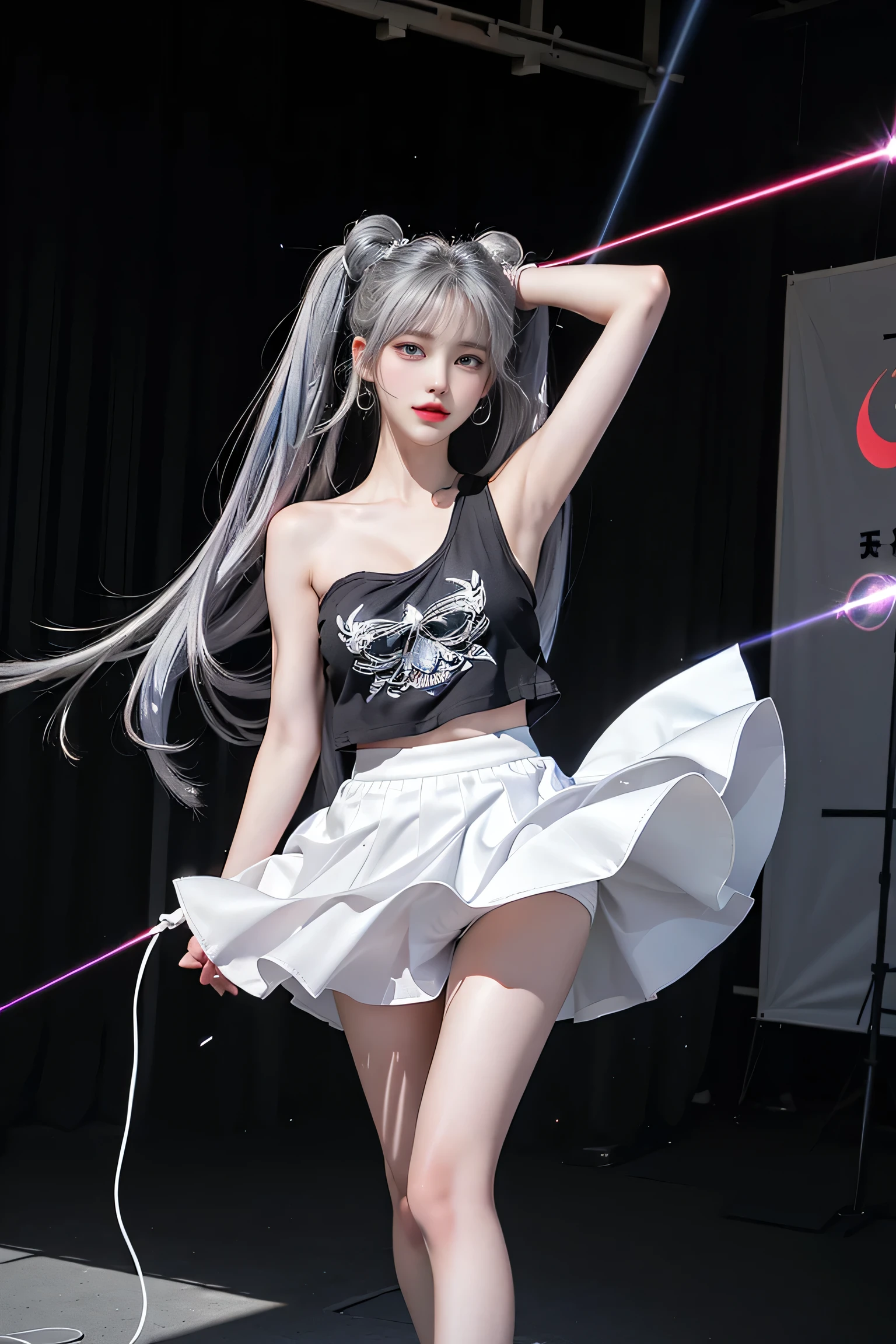 ((Girls standing on the stage in the main hall,Group of 3)),蛍光Farbe、((３People Girls)),Look to the side、Beautiful Face、Beautiful Eyes、(Big Blue Eyes）、（Silver dull hair）、Shiny Hair、Glowing Skin、Reduce glare、Finger Proportion Adjustment、Escrow、Bat View、（Dancing（）、Dynamic Angle、（Master Parts）、（Highest quality）、（Ultra detail）、（An Illustration）、（Detailed light）、（Very delicate and beautiful）、Dramatic Shadows、Ray Tracing、reflection、Ultra high resolution、（Master Parts）、（Highest quality）、（ultra HD）。 High resolution、（（Colorful hair and mesh））、Her hair flutters in the wind、（大きな深い青Farbeの目）、Silver Hair、haired woman、Sparkling Butterfly、Sparkling Butterfly、黒haired woman、Points of light around the woman、Magical Aura、緑Farbeの点、The nature of the aura、Magical Aura黒haired woman、((Off-the-shoulder black and white two-tone dress mini skirt：1. 3）、（Sleeveless）、（The skirt flutters in the wind）、（Searchlight）((Farbe々Laser beam))、（I can see her black panties）（Full Body Shot）、（Long legs）、（High heels）、holding a microphone in one hand、Kirachou、黒haired woman、Spots of light around the woman、Magical aura、Green Farb Dot、The nature of the aura、Magical Aura黒haired woman、((One shoulder black tank top：1. 3)）、（No sleeve）、((White flared mini skirt))（The skirt flutters in the wind）、((Black trunk panties))、（Searchlight）（Laser beam）、（(I can see her black panties)）（Full Body Shot）、（Long legs）、（High heels）、