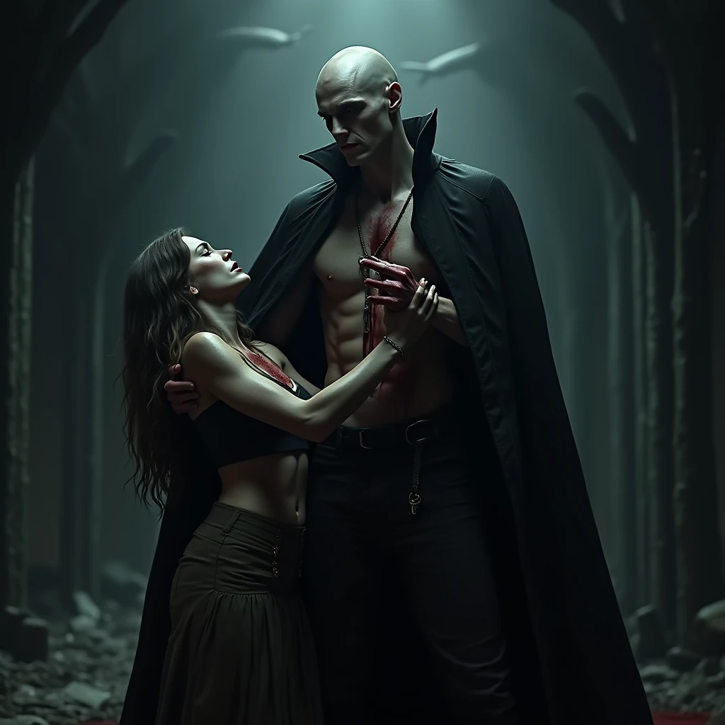 realistic image of Dracula with a shaved head, very tall, in his surroundings, with clothes that he wears as he likes covering his entire muscular body, he has blood coming out of his mouth and flowing on his chest, he holds the hand of a woman who is difficult walk because she have lost blood