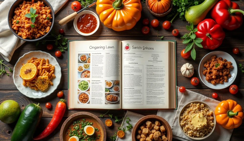 list of cooking recipes on a wooden table with all kinds of food and dishes around, view from above
