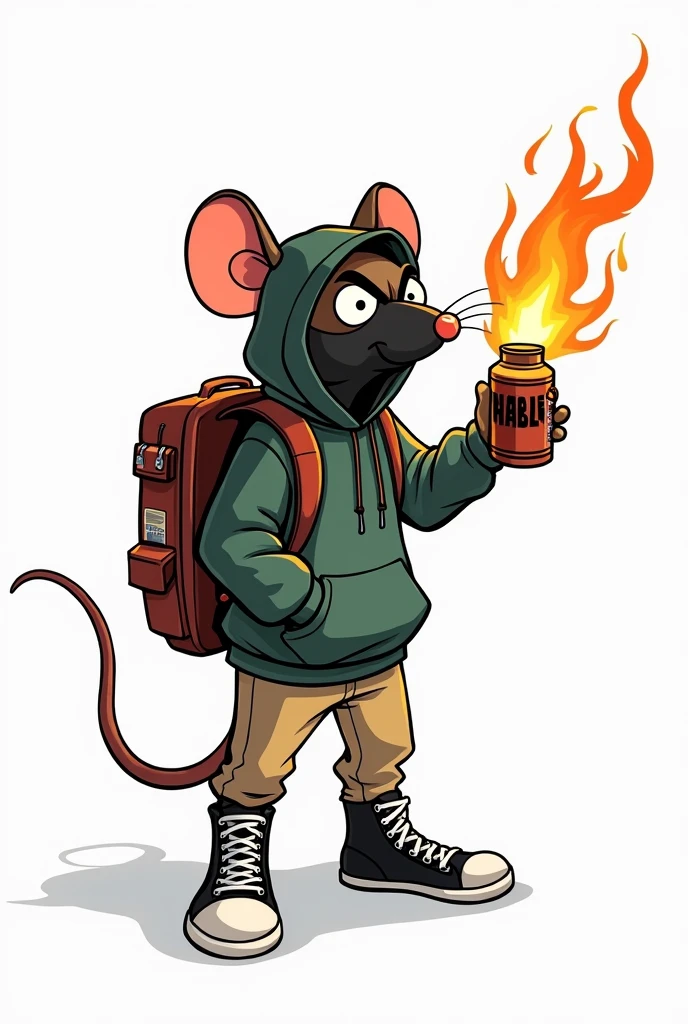 Cartoon illustration of a rat wearing a graffiti artist outfit, with backpack, dark green sweatshirt, pantalon beige, black tennis boots, black palate covering the mouth, with angry expression, about to throw a Molotov cocktail,WITH WHITE BACKGROUND 