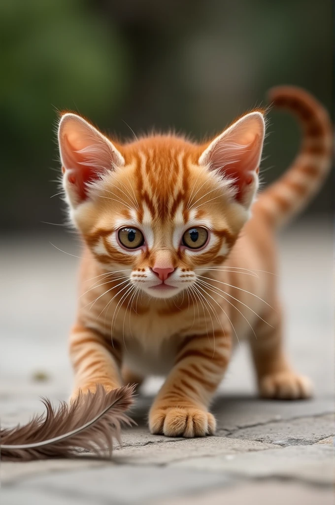 Ultra-realistic 4K image of an Abyssinian kitten, with a sleek, athletic build and a warm, reddish-brown coat. The fur is short and close to the body, with a ticked pattern that gives a wild, regal appearance. The kitten’s almond-shaped eyes are a rich golden color, full of energy and curiosity as it plays with a feather toy on a smooth, stone floor.”