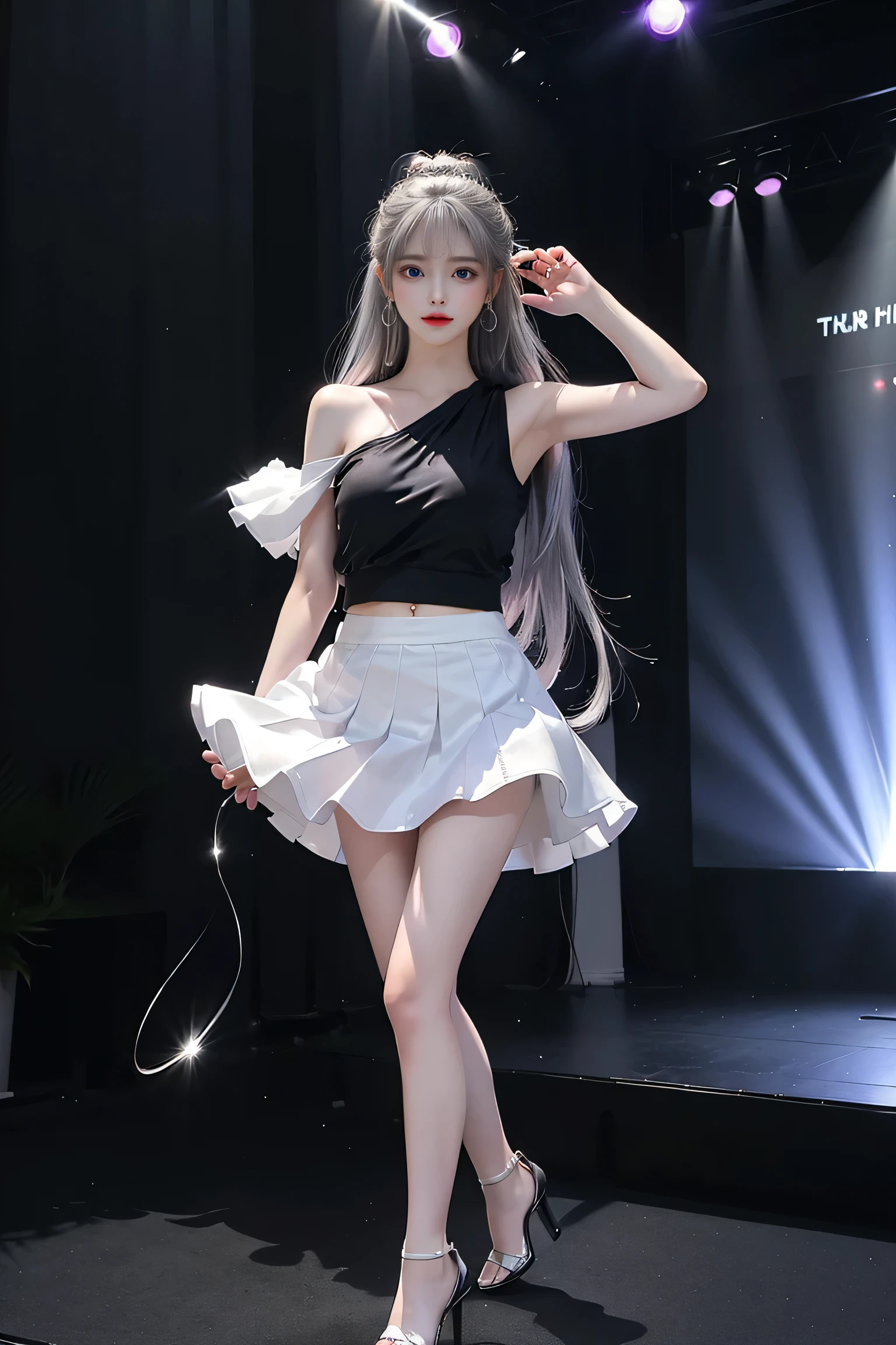 ((Girls standing on the stage in the main hall,Group of 3)),蛍光Farbe、((3People Girls)),Look to the side、Beautiful Face、Beautiful Eyes、(Big Blue Eyes)、(Silver dull hair)、Shiny Hair、Glowing Skin、Reduce glare、Finger Proportion Adjustment、Escrow、Bat View、(Dancing()、Dynamic Angle、(Master Parts)、(Highest quality)、(Ultra detail)、(An Illustration)、(Detailed light)、(Very delicate and beautiful)、Dramatic Shadows、Ray Tracing、reflection、Ultra high resolution、(Master Parts)、(Highest quality)、(ultra HD)。 High resolution、((Colorful hair and mesh))、Her hair flutters in the wind、(大きな深い青Farbeの目)、Silver Hair、haired woman、Sparkling Butterfly、Sparkling Butterfly、黒haired woman、Points of light around the woman、Magical Aura、緑Farbeの点、The nature of the aura、Magical Aura黒haired woman、((Off-the-shoulder black and white two-tone dress mini skirt:1. 3)、(Sleeveless)、(The skirt flutters in the wind)、(Searchlight)((Farbe々Laser beam))、(I can see her black panties)(Full Body Shot)、(Long legs)、(High heels)、holding a microphone in one hand、Kirachou、黒haired woman、Spots of light around the woman、Magical aura、Green Farb Dot、The nature of the aura、Magical Aura黒haired woman、((One shoulder black tank top:1. 3))、(No sleeve)、((White flared mini skirt))(The skirt flutters in the wind)、((Black trunk panties))、(Searchlight)(Laser beam)、((I can see her black panties))(Full Body Shot)、(Long legs)、(High heels)、