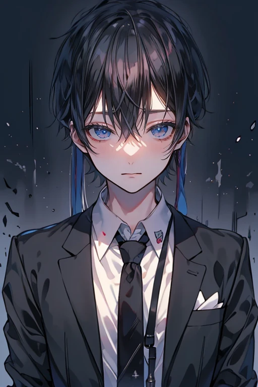 (Mastepiece)、(Best Quality)、Very detailed、((One man:1.5))、Perfect Face、Beautiful Face、Very detailedな顔、(Black Hair:1.3)、Black suit、(Man loosening his tie:1.4)