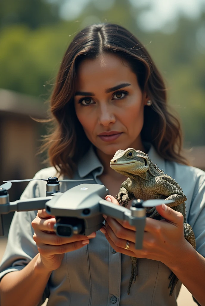 Maria Corina Machado holding a drone that also holds an iguana