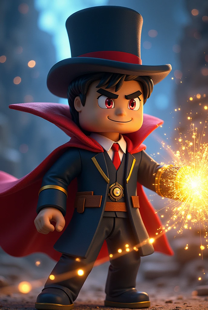 reame a minecraft type boy with formal suit ,with top hat ,red cape,eyes that have the right one the shringana and the left one the rinnengan and in the arm sparkles of gold, Instead of a tie, he should wear the Eye of Agamotto and do magic like Doctor Strange and be fighting with a man and the universe in the background without an earring.