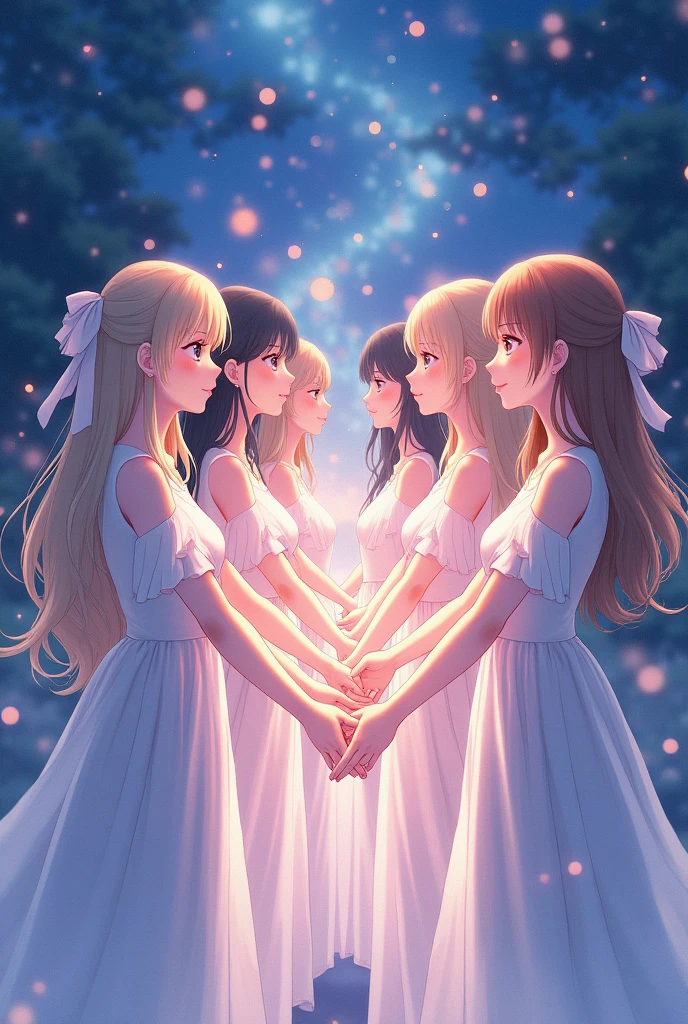 create a nice realistic image in the form of a cover, that transcends the beauty of several singers,with a ribbon on the head, that are joined by their hands,with a pretty dress each and a lot of love between them, showing the thanks, with kimetsu no yaiba anime background at night