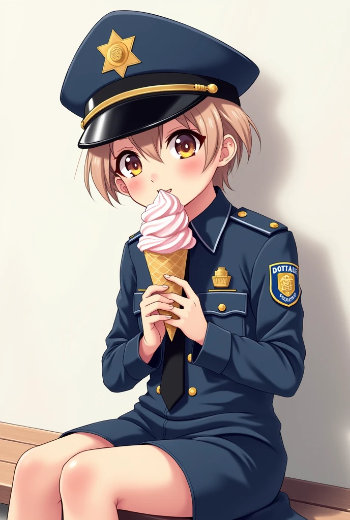 Anime boy shota in police uniform sitting eating ice cream 